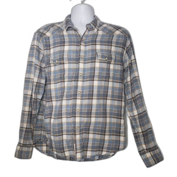 LUCKY BRAND Classic Fit Pearl Snap Blue Plaid Button Up Shirt Mens Size Large - Picture 1 of 7